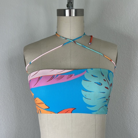 l*space Monstera Palm Leaf Lace Up Convertible Tie Byrdie Bandeau Top - Picture 1 of 7